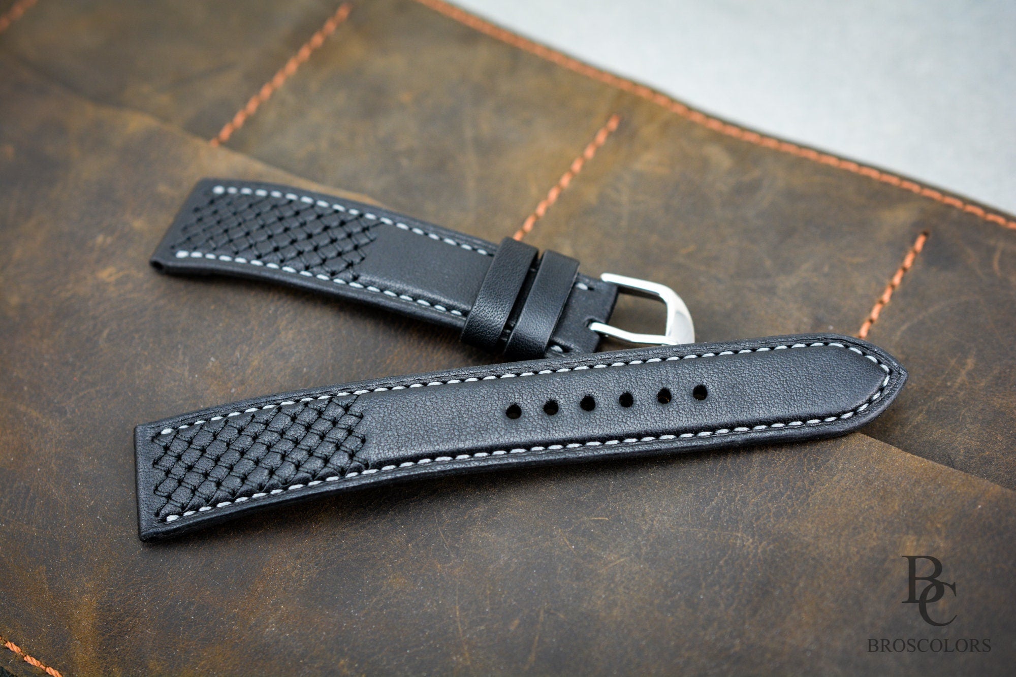 Black Leather Cross Stitched Watch Strap - Armored Soldier