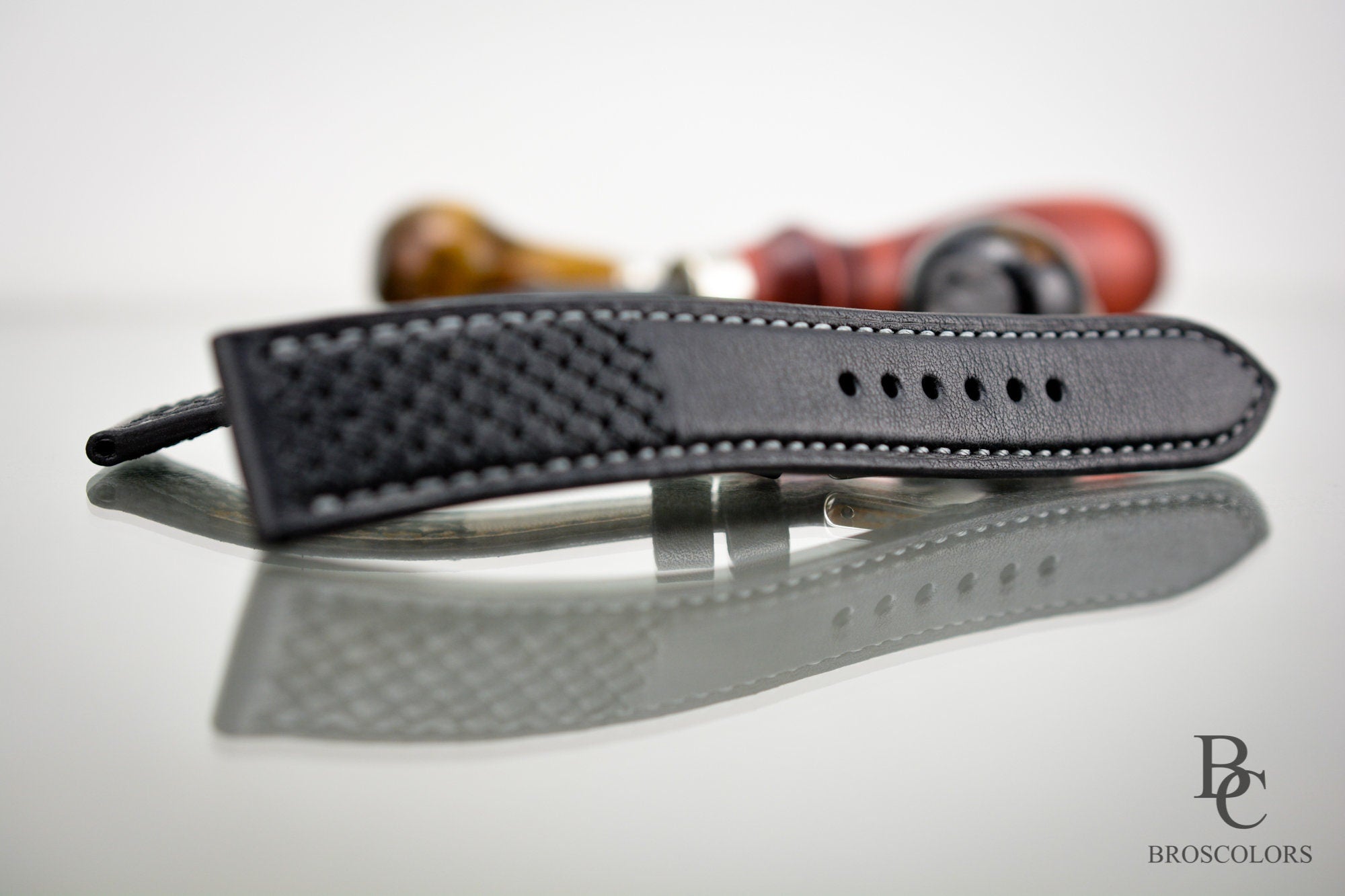 Black Leather Cross Stitched Watch Strap - Armored Soldier
