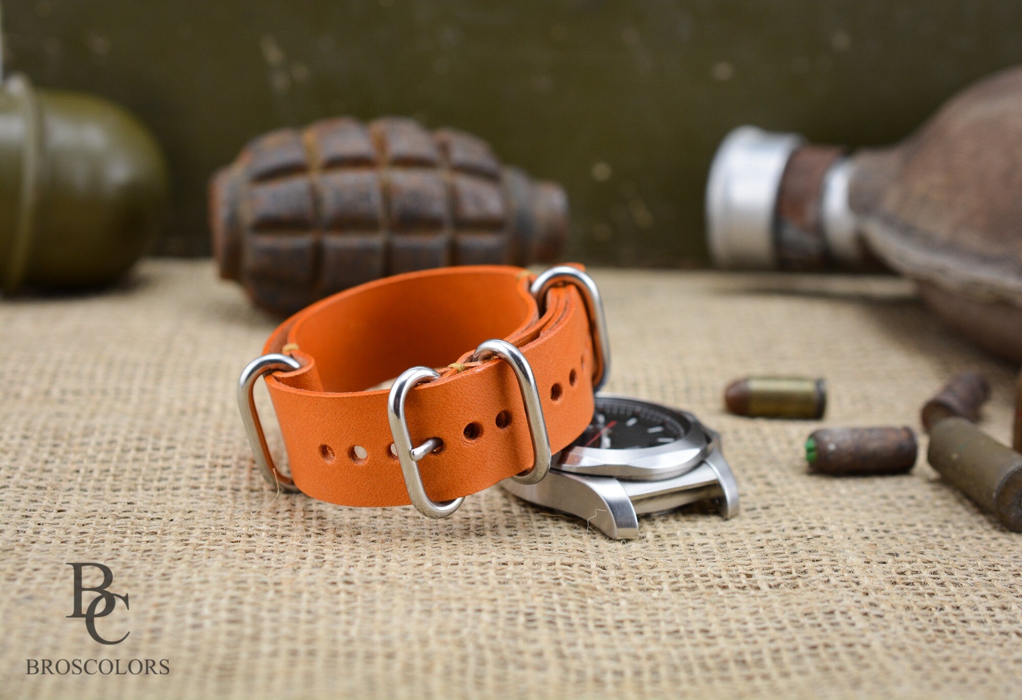 Orange leather zulu watch strap in army design and military style