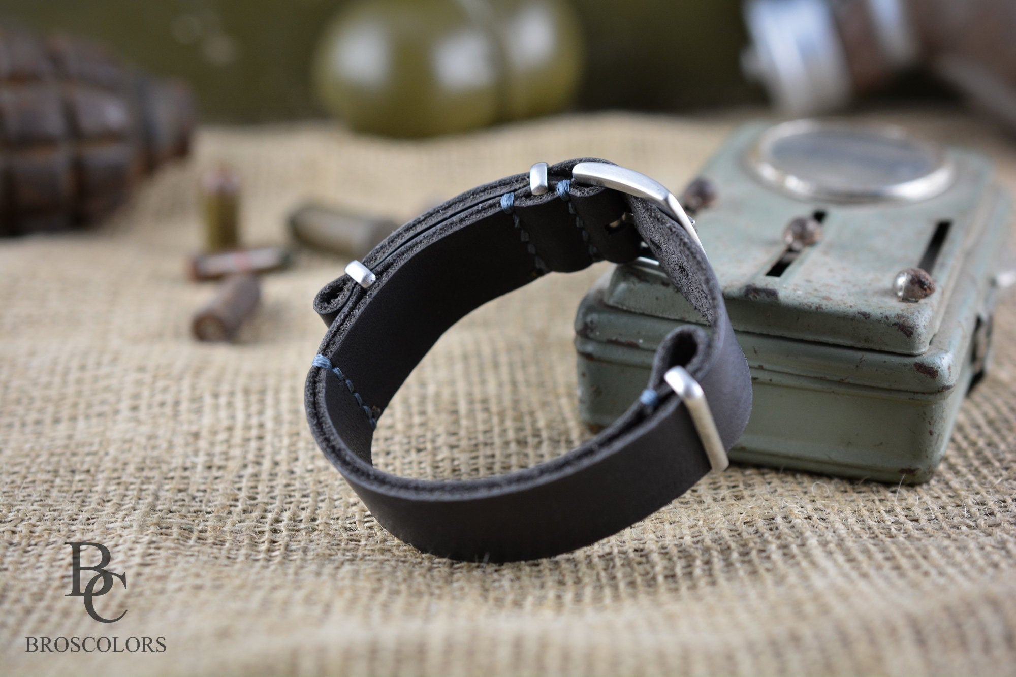 Dark Grey Leather Military Watch Strap / Army Strap
