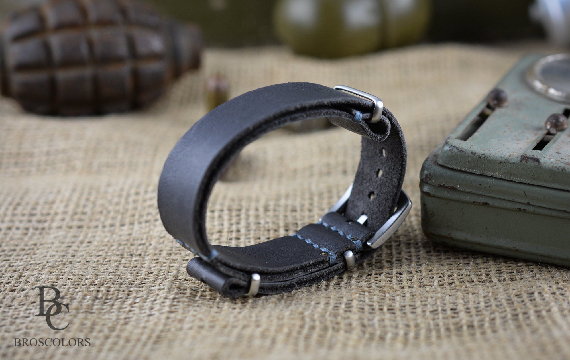 Dark Grey Leather Military Watch Strap / Army Strap