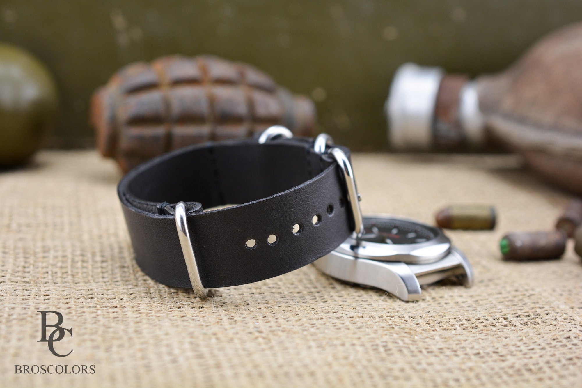 Dark Grey Leather Military Watch Strap / Army Strap