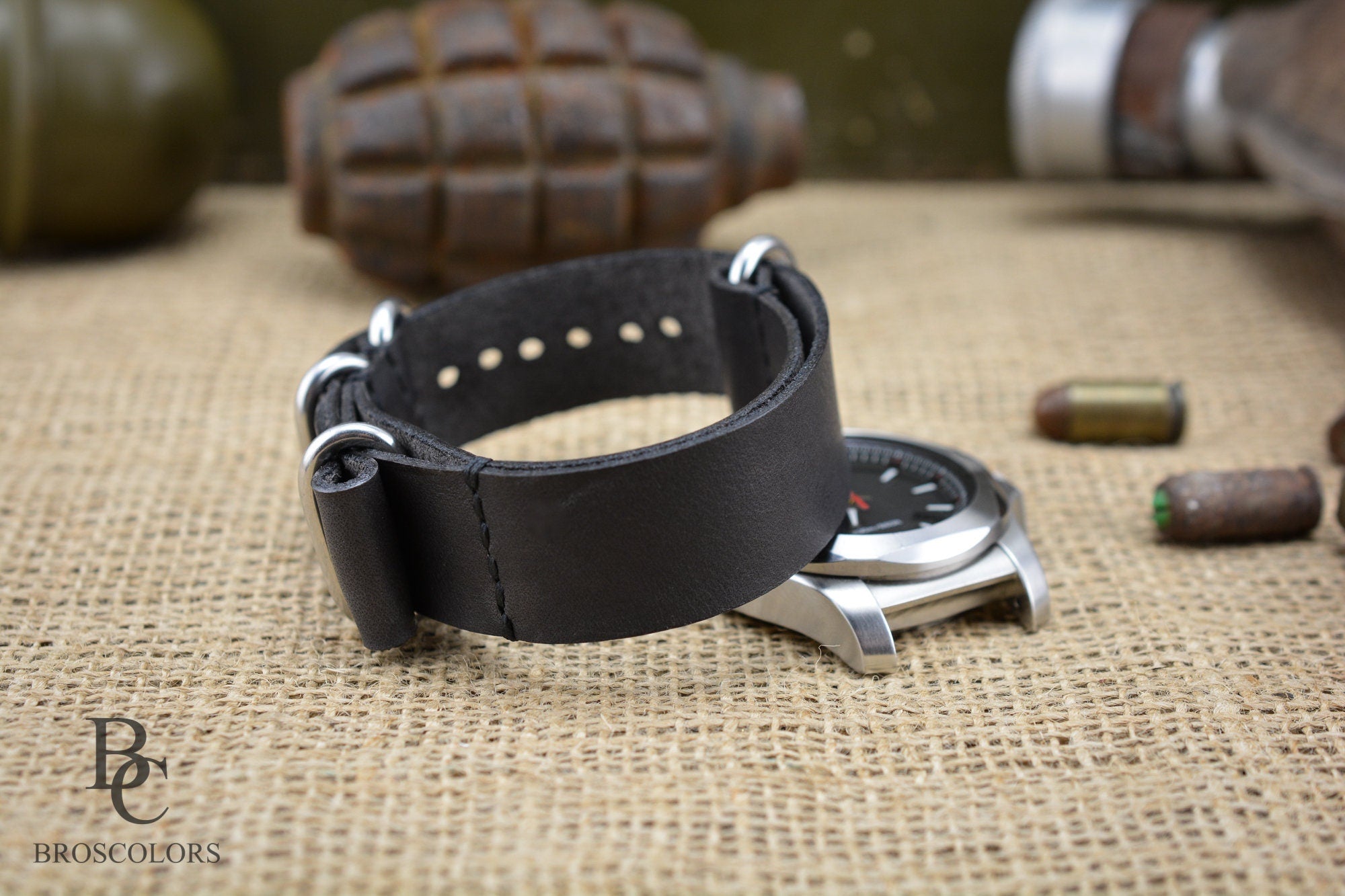 Dark Grey Leather Military Watch Strap / Army Strap