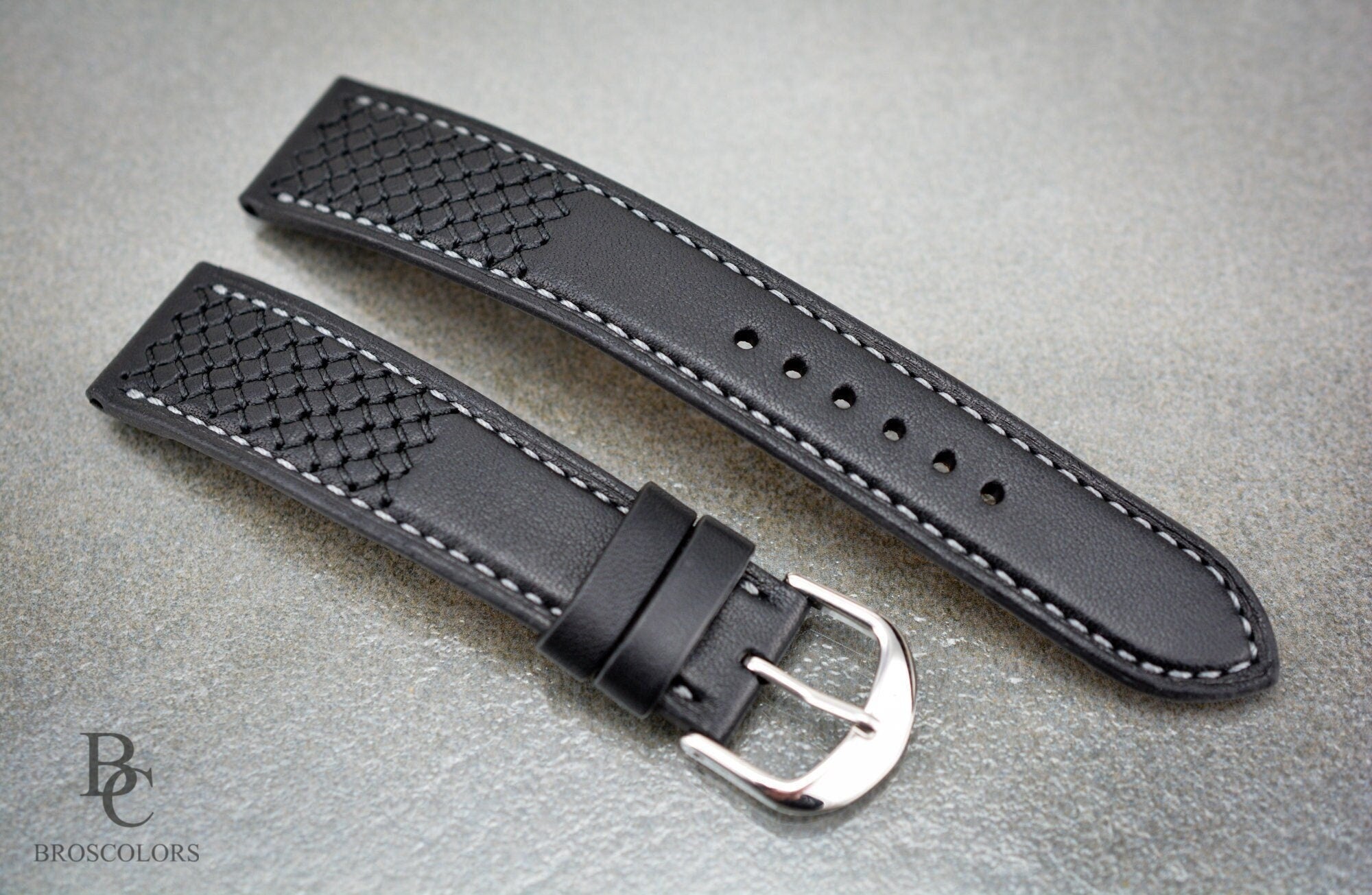 Black Leather Cross Stitched Watch Strap - Armored Soldier