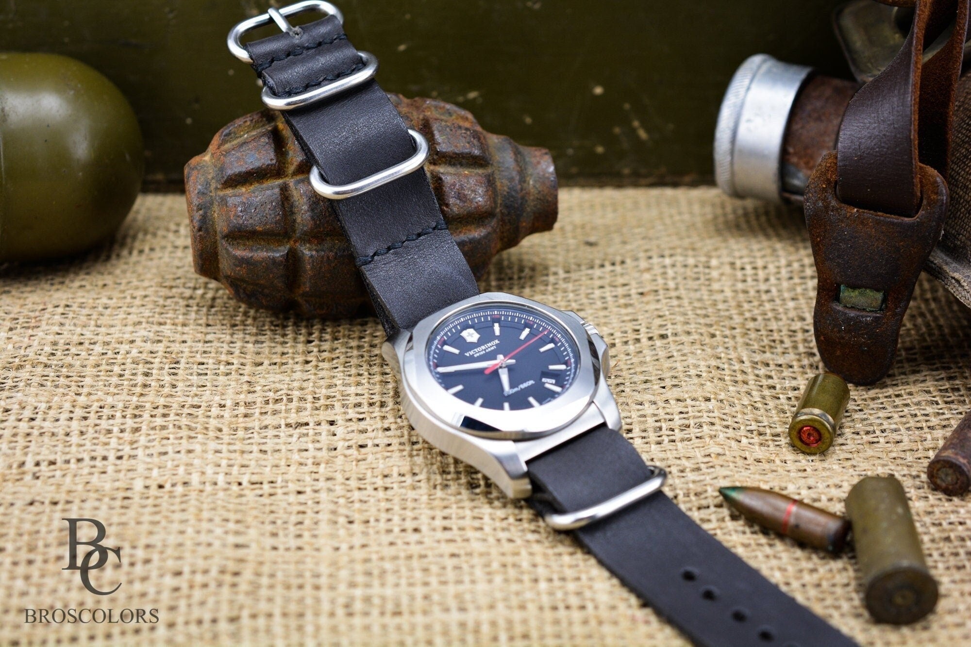 Dark Grey Leather Military Watch Strap / Army Strap