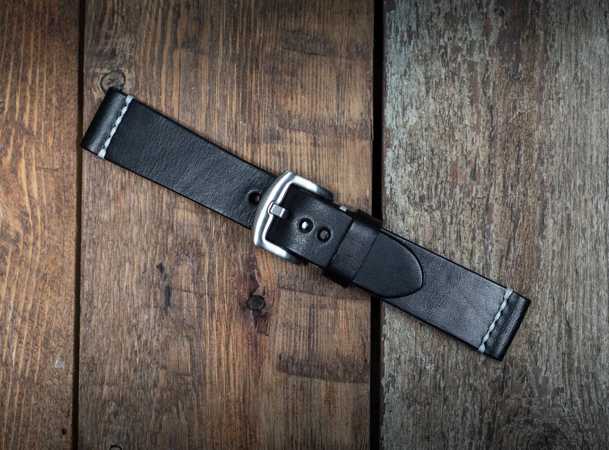 Black Leather Watch Strap with Gray Stitching - Undercover Style