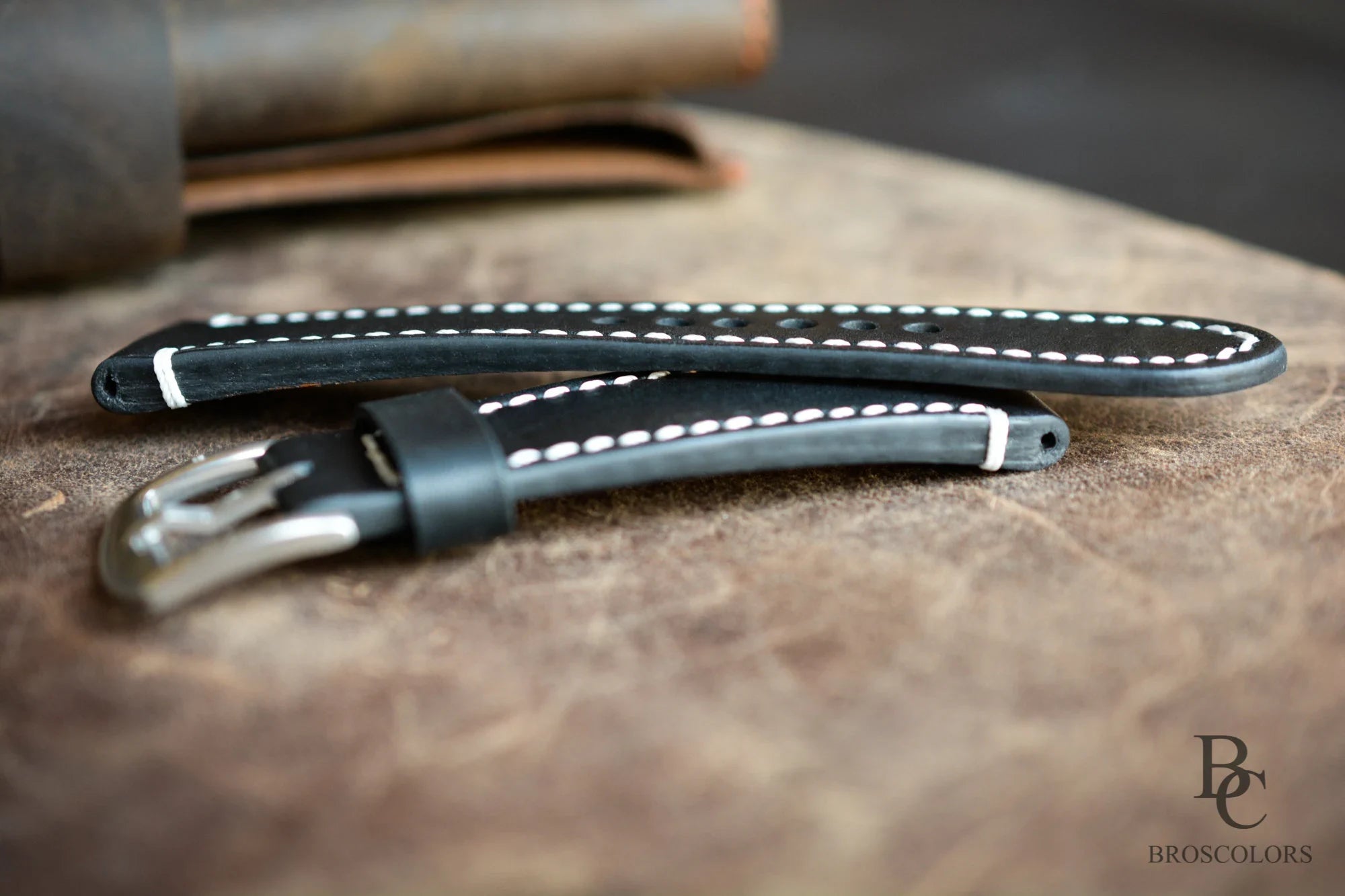 Black Leather Watch Strap with White Stitching - Daily Driver