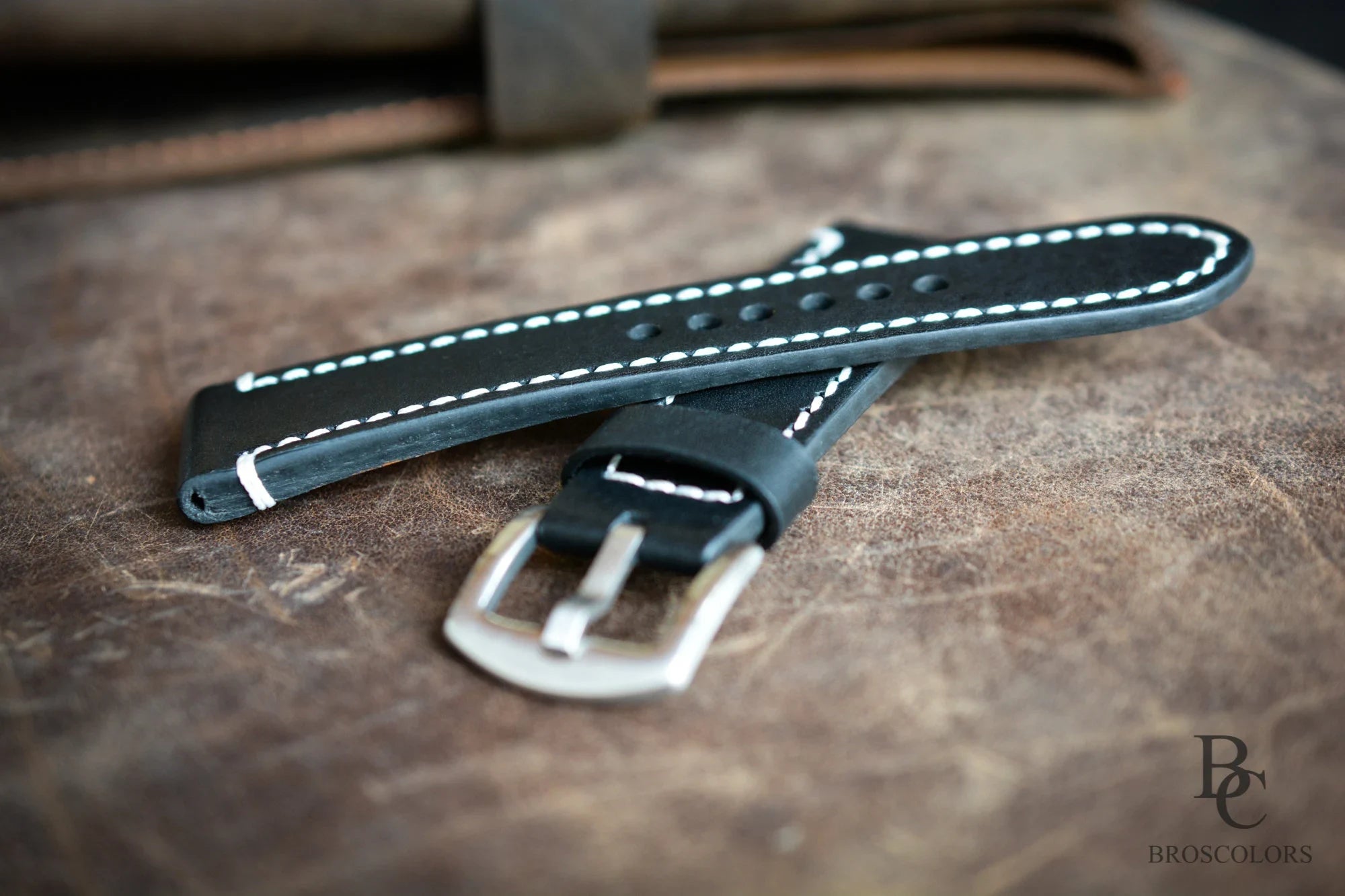 Black Leather Watch Strap with White Stitching - Daily Driver