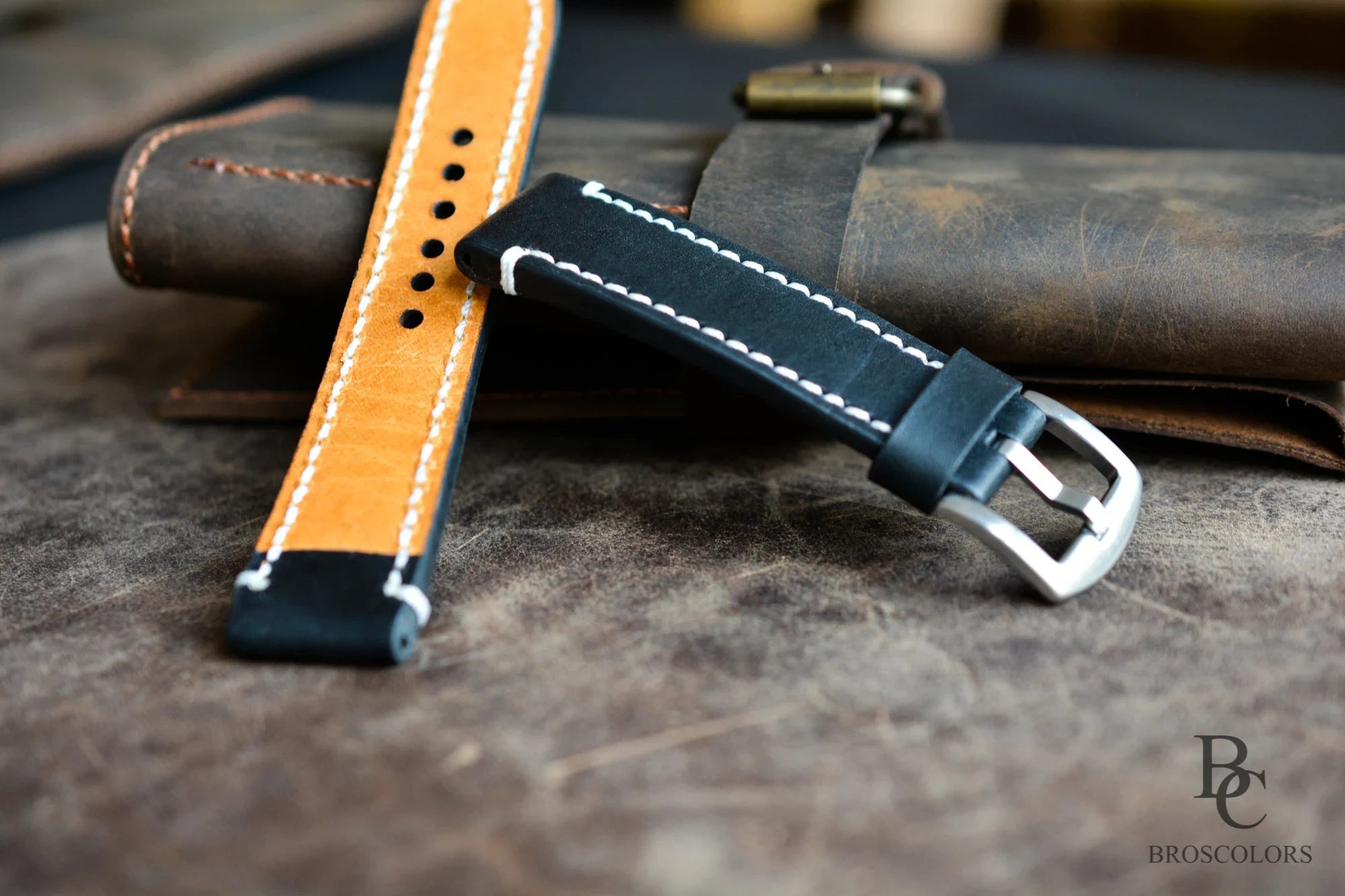 Black Leather Watch Strap with White Stitching - Daily Driver