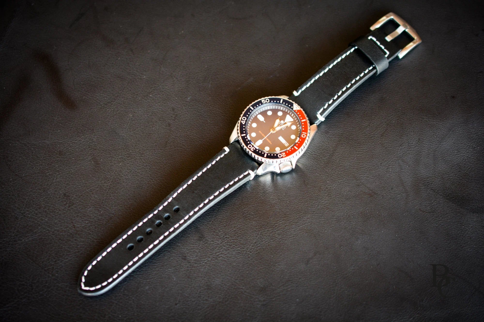 Black Leather Watch Strap with White Stitching - Daily Driver