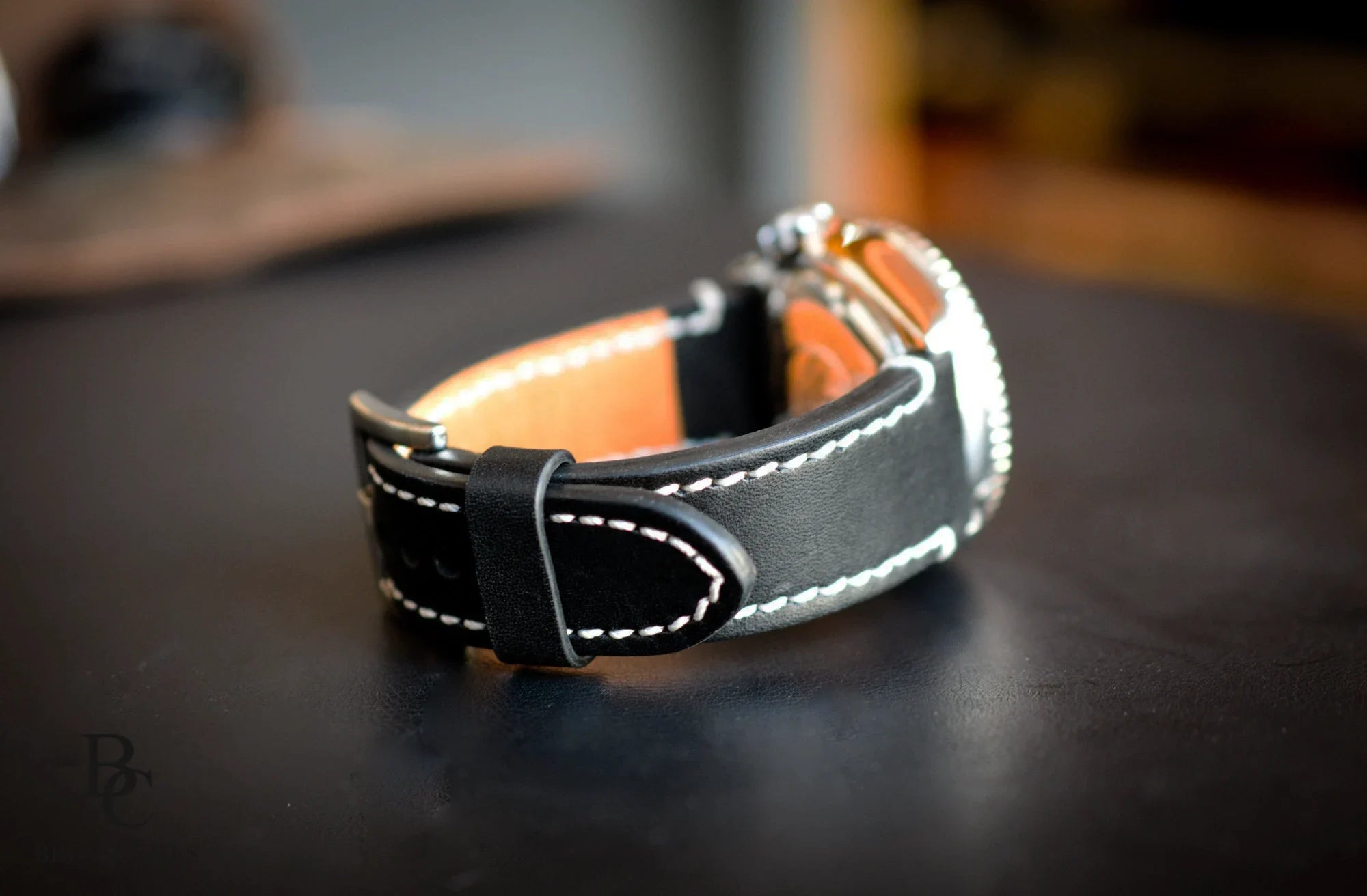 Black Leather Watch Strap with White Stitching - Daily Driver