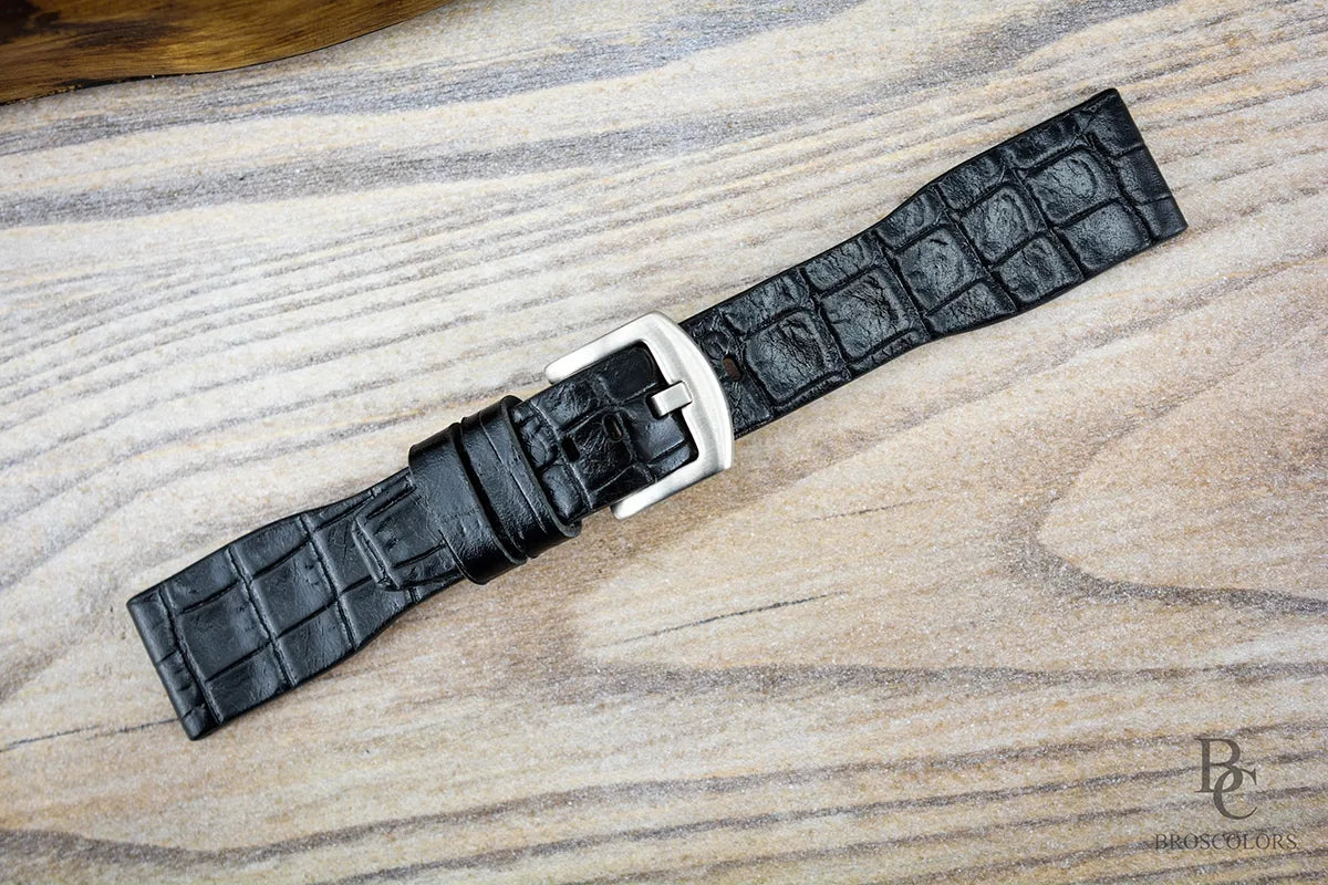 Black Leather Crocodile Embossed Pilot Strap - Elegant Pilot