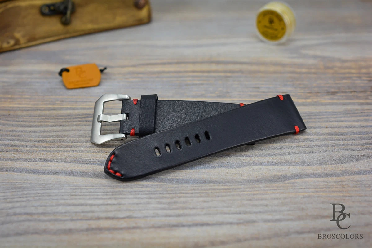 Black Leather Watch Strap with Red Stitching - Dracula Edition