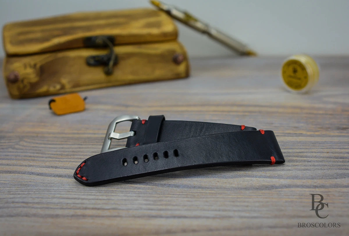 Black Leather Watch Strap with Red Stitching - Dracula Edition