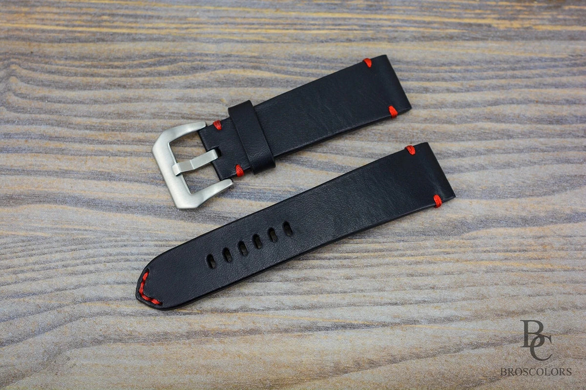 Black Leather Watch Strap with Red Stitching - Dracula Edition