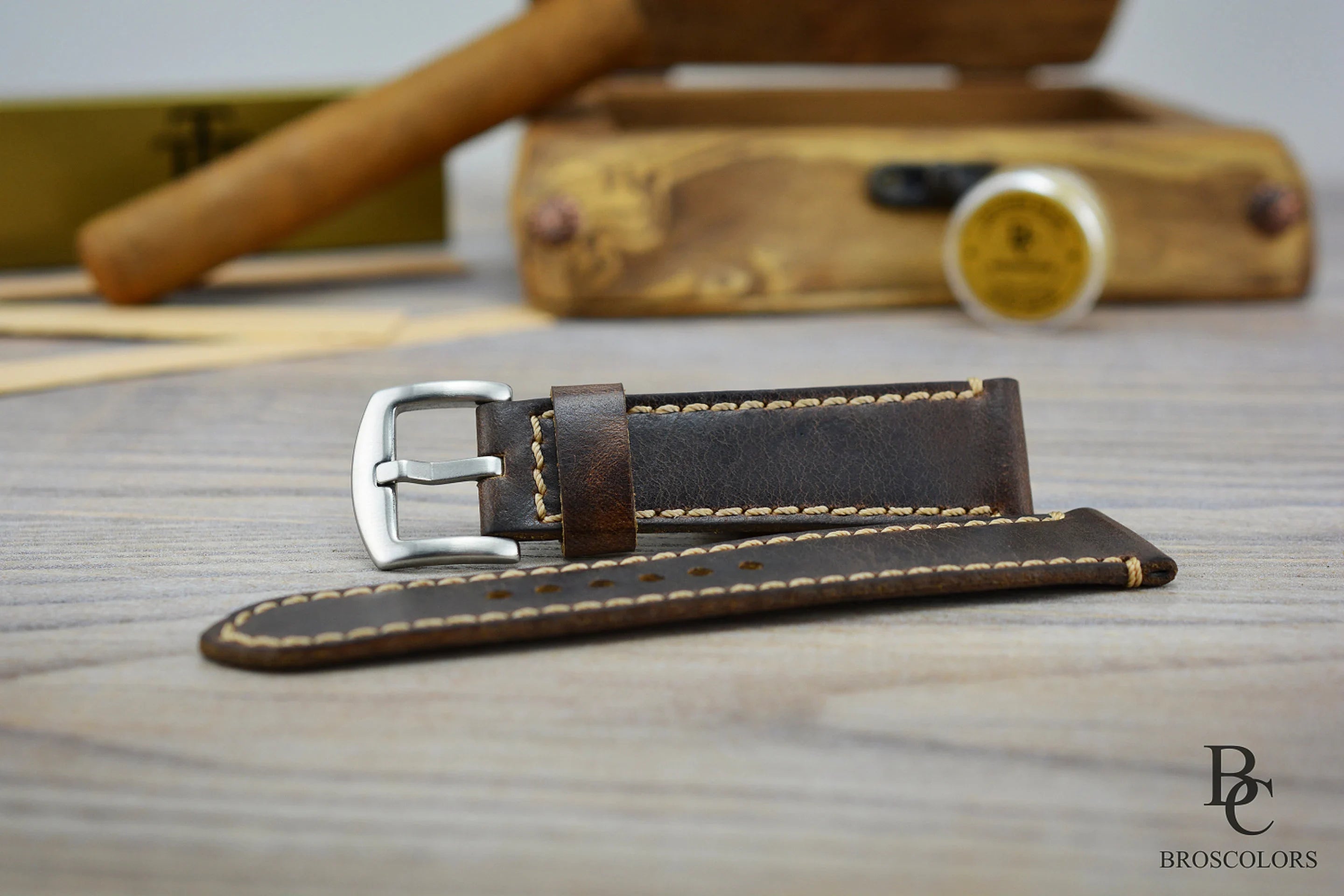Crazy Horse Leather Watch Strap - Dark Brown White Stitching - Big and Vintage