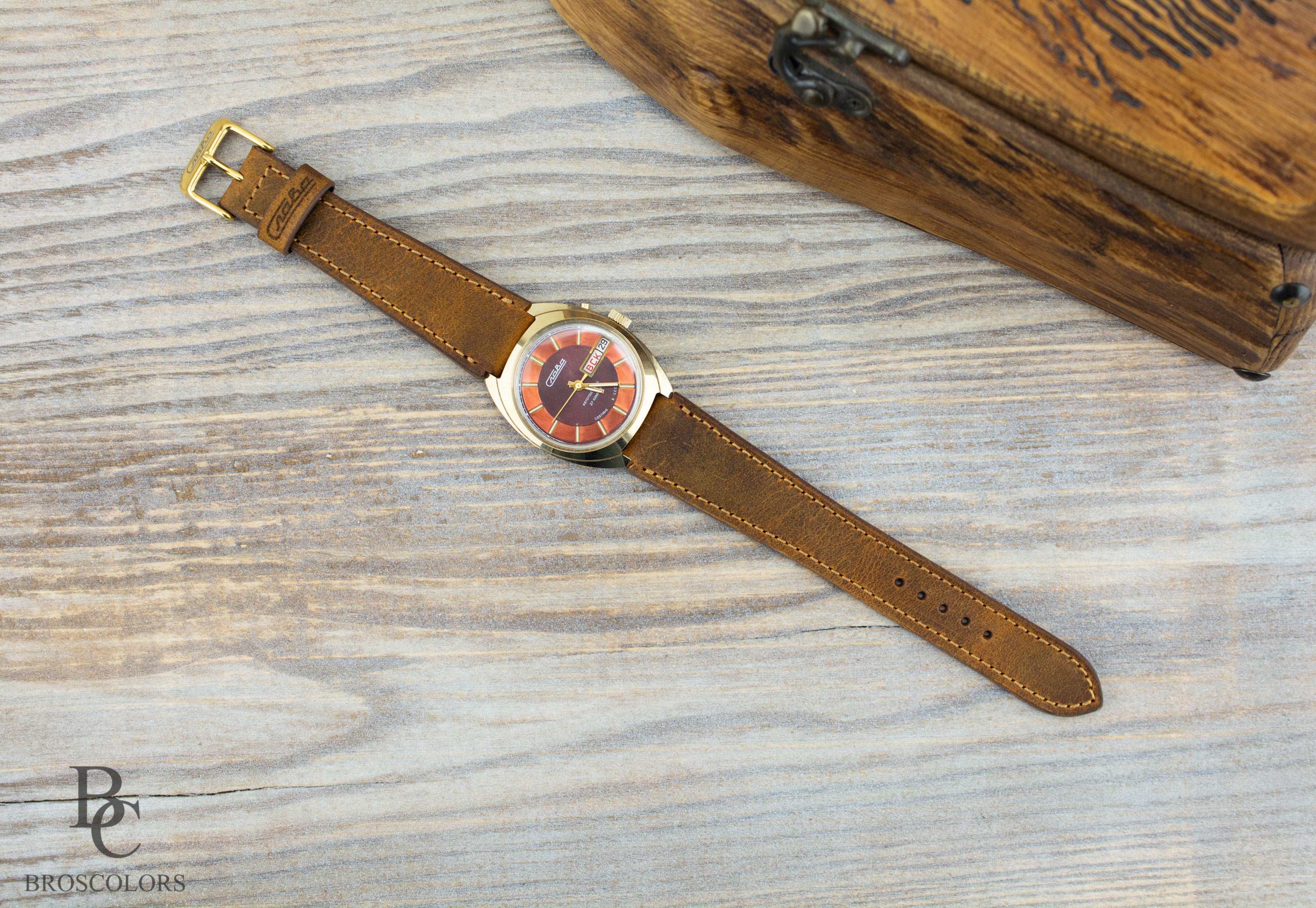 "слава"leather
 watch strap, cognac brown leather strap, SLAVA leather watch strap 
