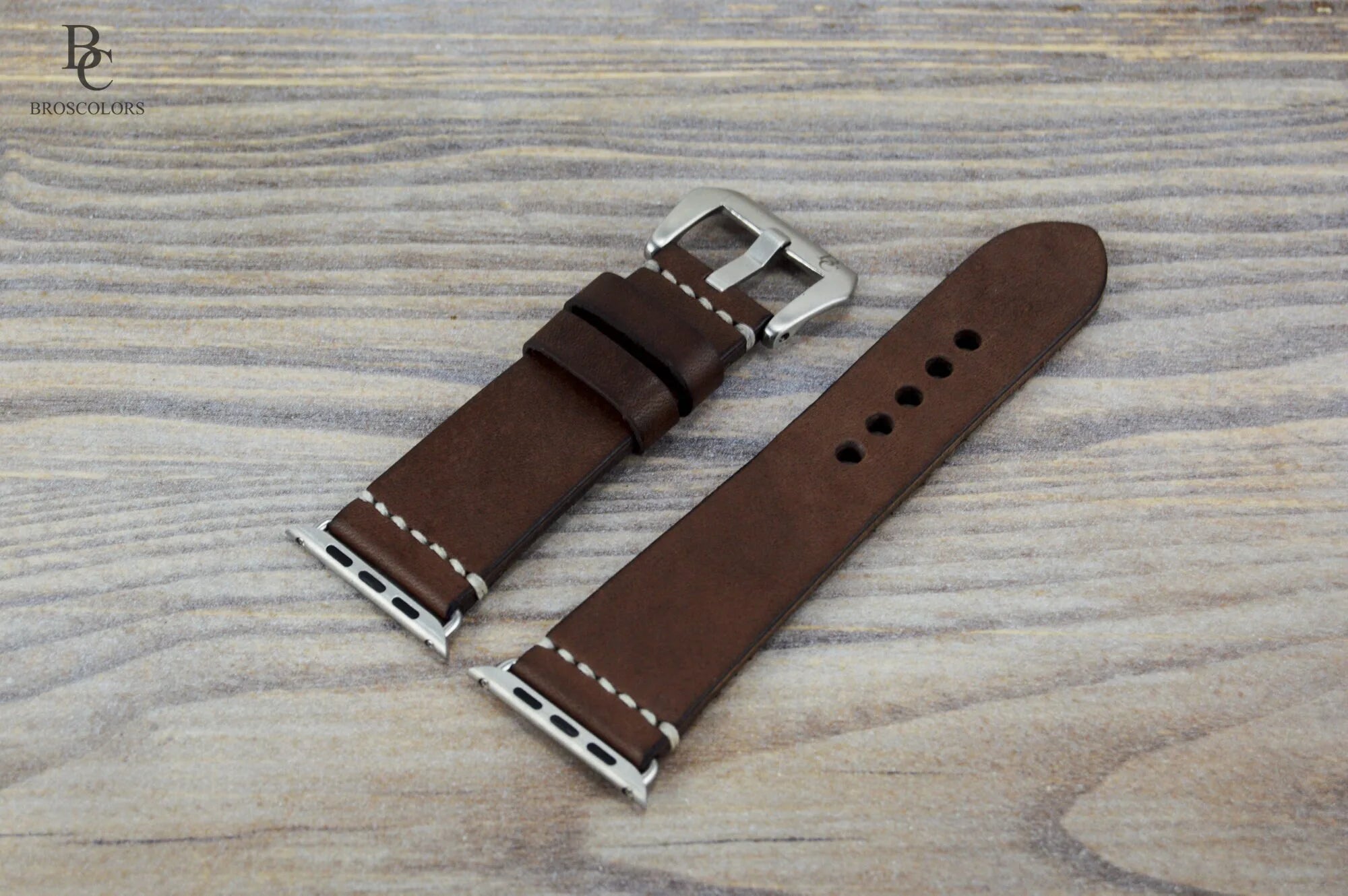 Dark Brown Leather White Stitching Apple Watch Band - For Winter