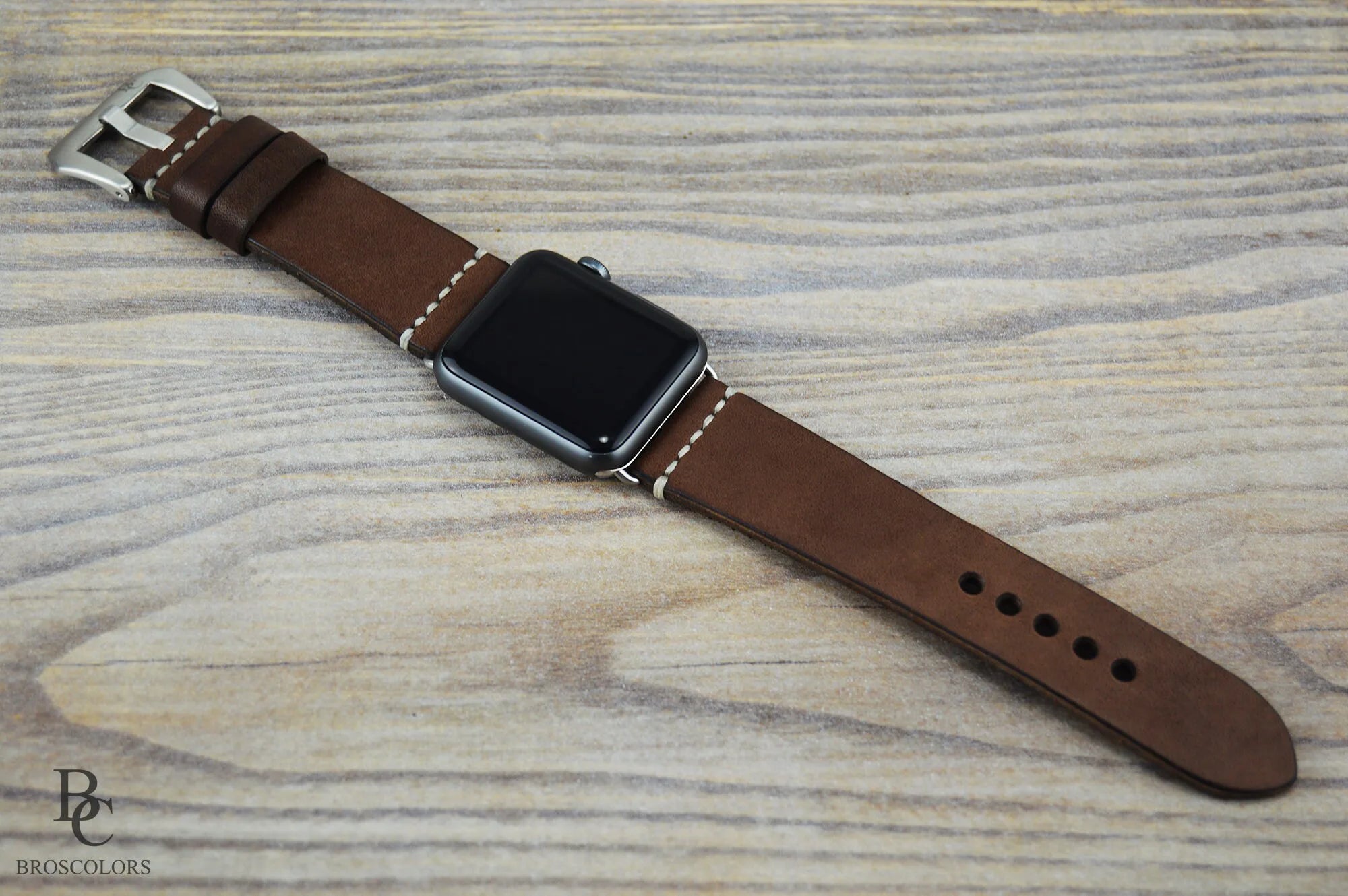 Dark Brown Leather White Stitching Apple Watch Band - For Winter