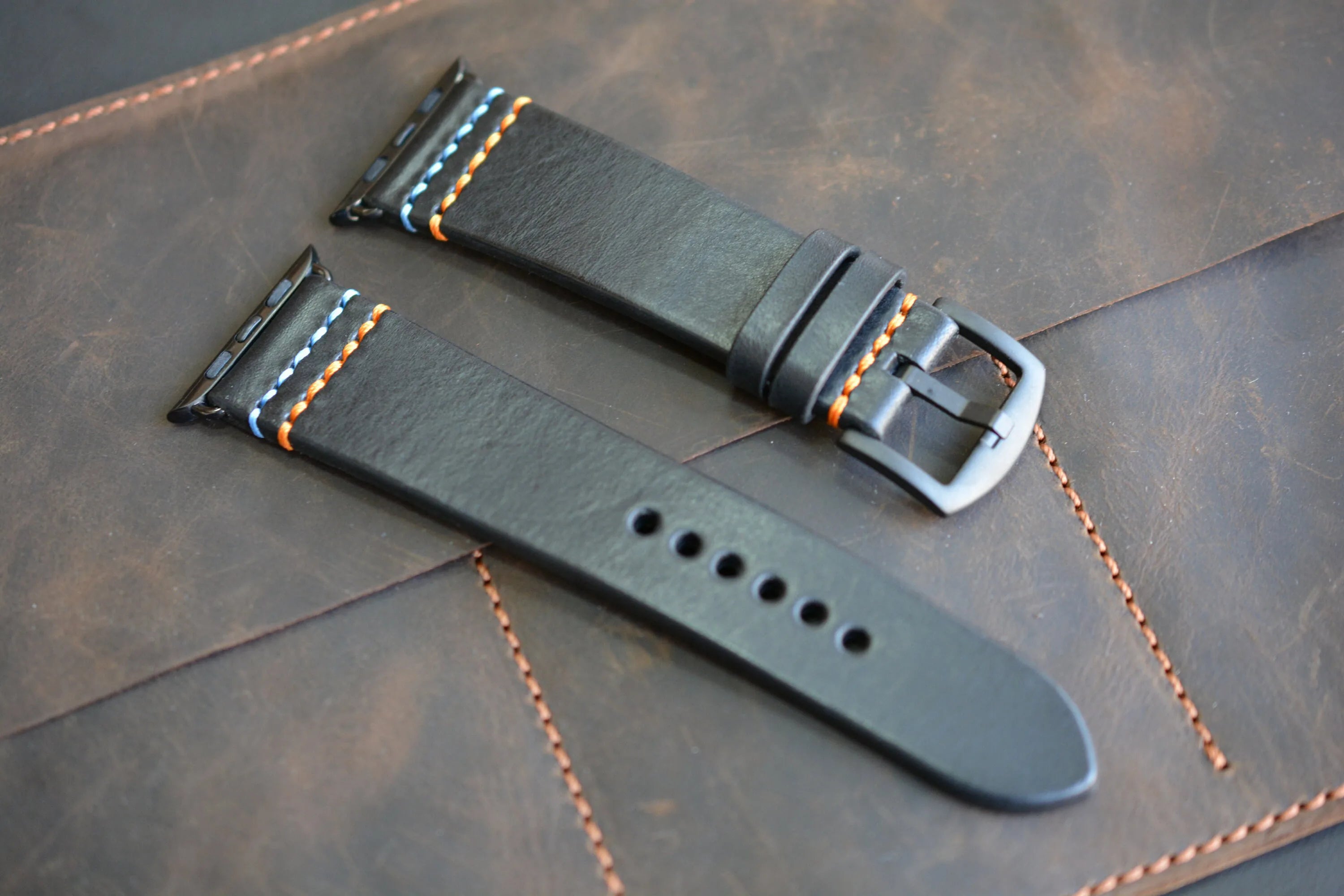 Dark Leather Apple Watch Strap with 2 Customizable Stitching Colors - Double Fun