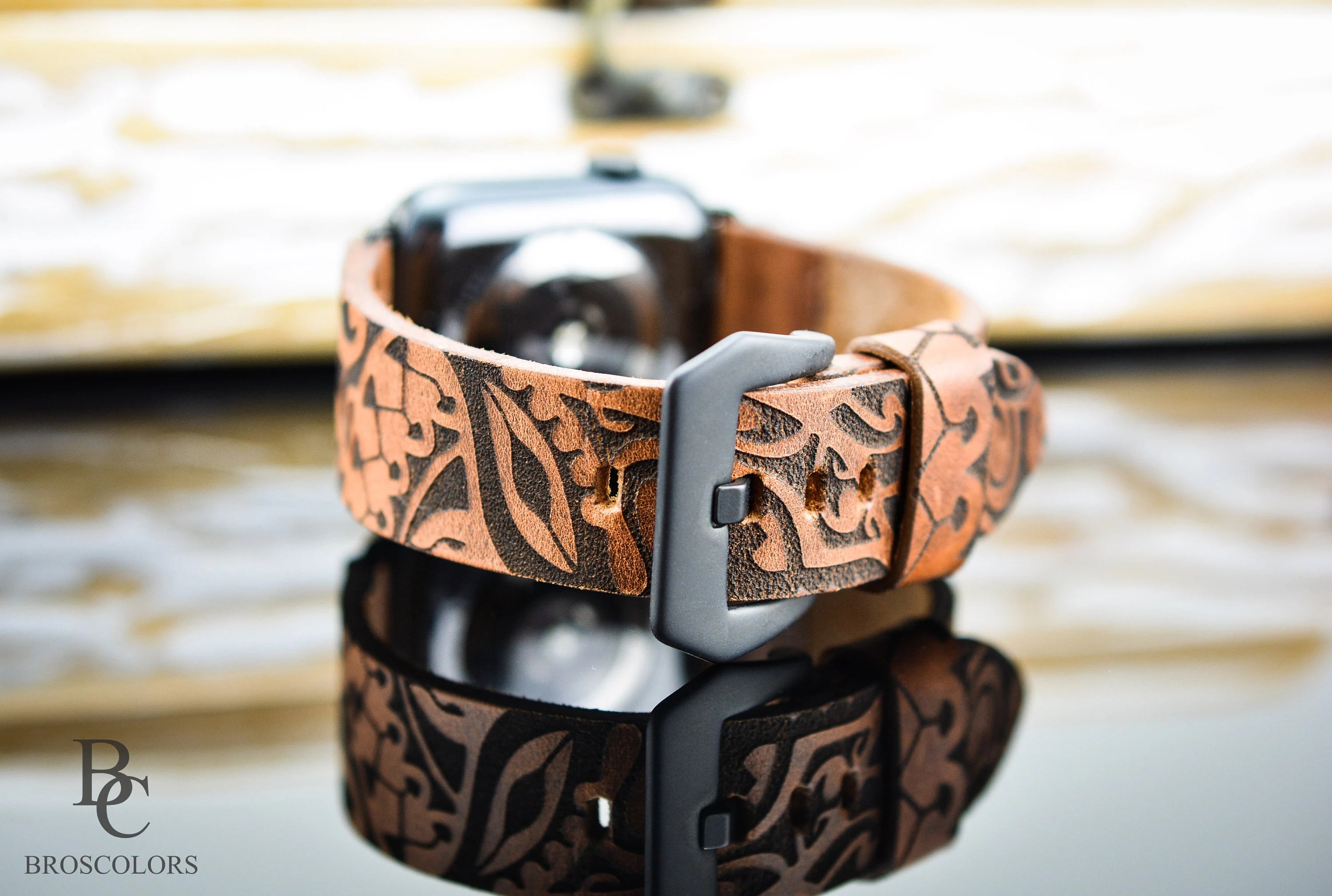 Engraved Apple Watch Band Brown Leather - Tribal People