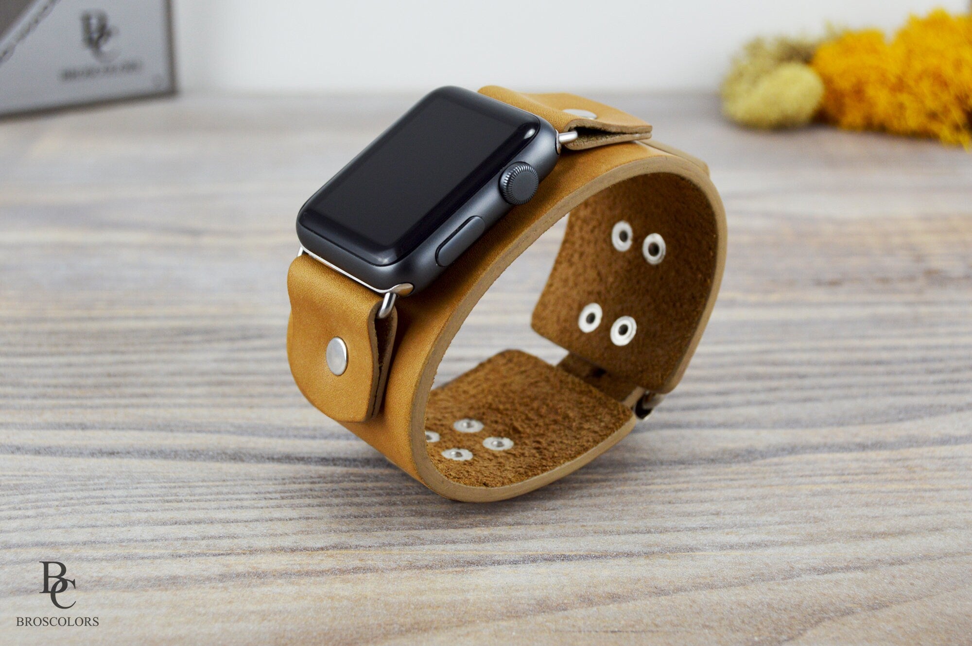 Light Brown Leather Apple Cuff Watch Band - Light and Comfy