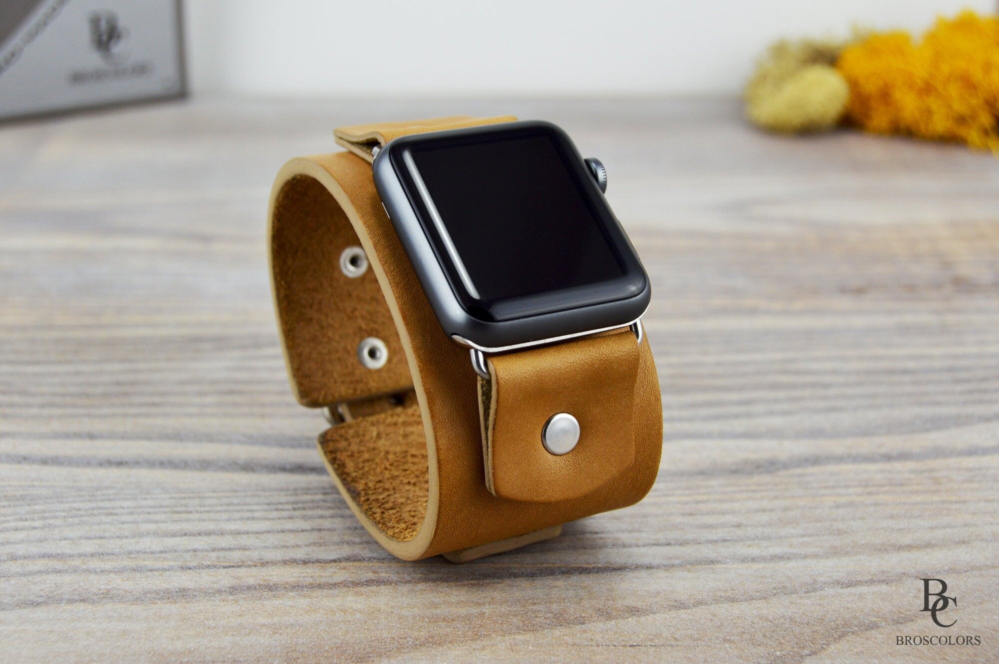 Light Brown Leather Apple Cuff Watch Band - Light and Comfy