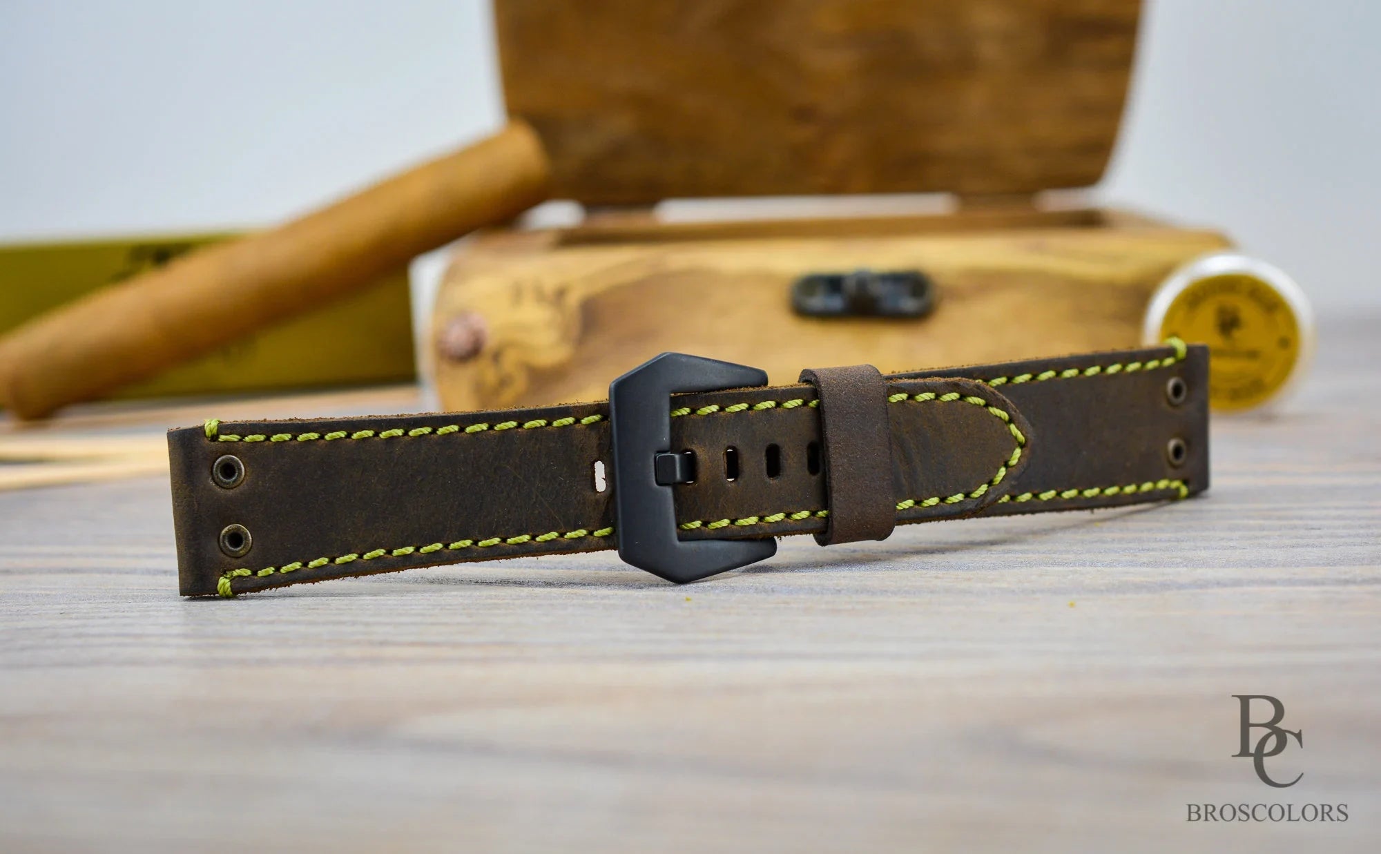 Vintage Leather Watch Strap with Bright Green Stitching - Electro Chrono