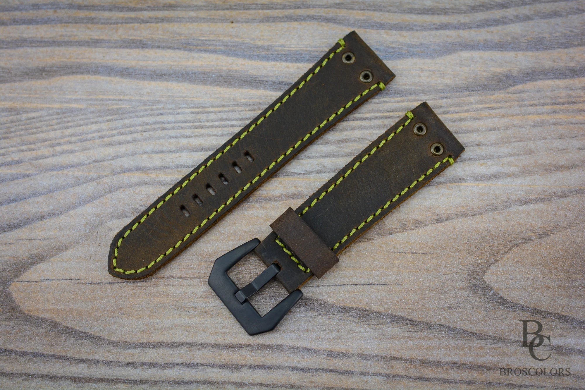 Vintage Leather Watch Strap with Bright Green Stitching - Electro Chrono