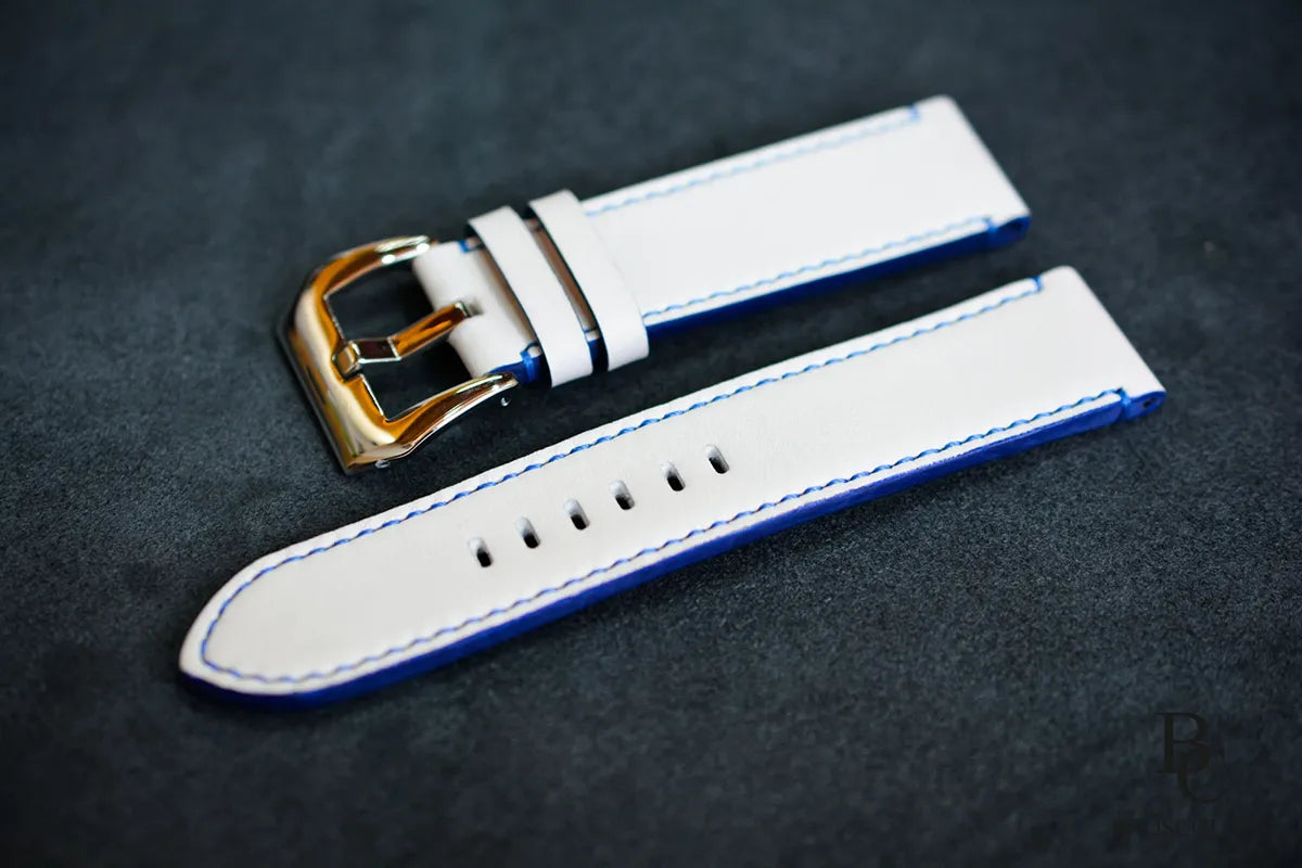 White Leather Watch Strap with Blue Stitching - Sailor Dream