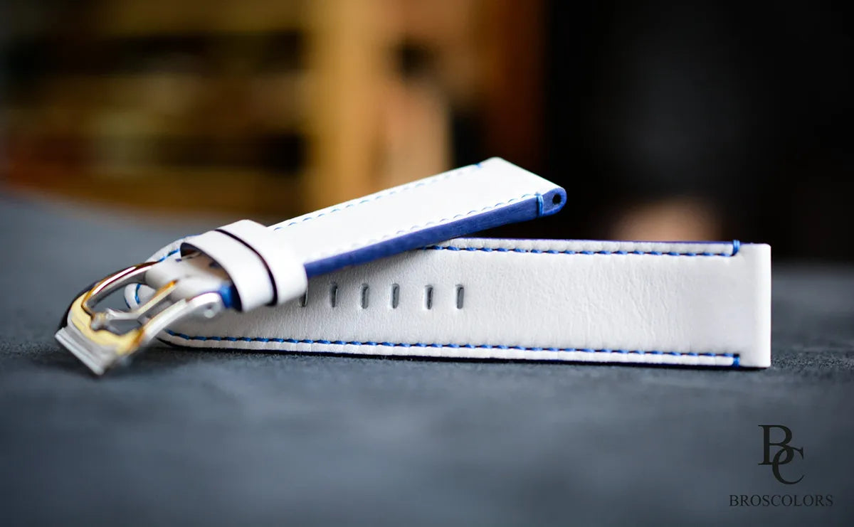 White Leather Watch Strap with Blue Stitching - Sailor Dream