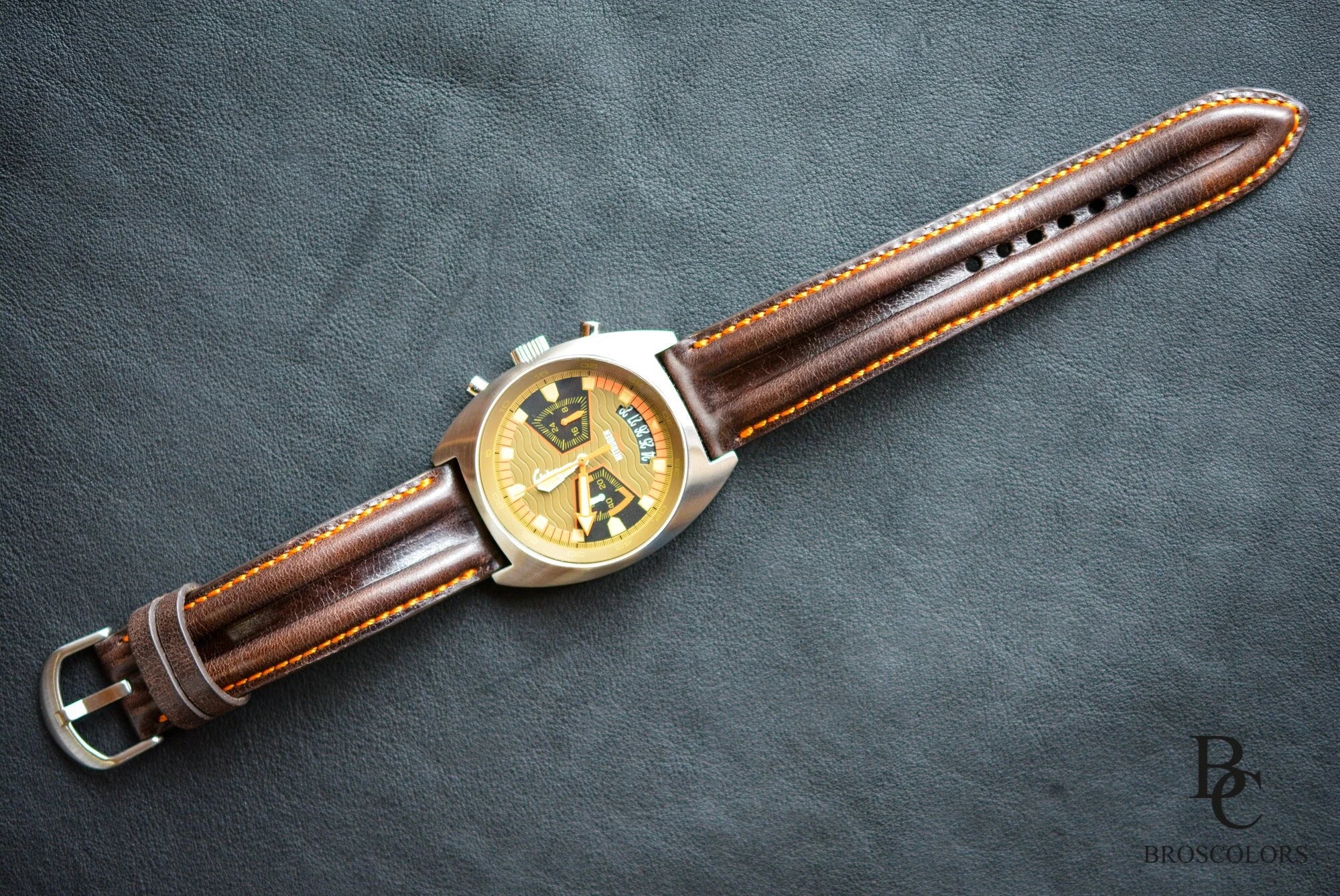 Brown Leather Pilot Watch Strap Orange Stitching - Pilot Race