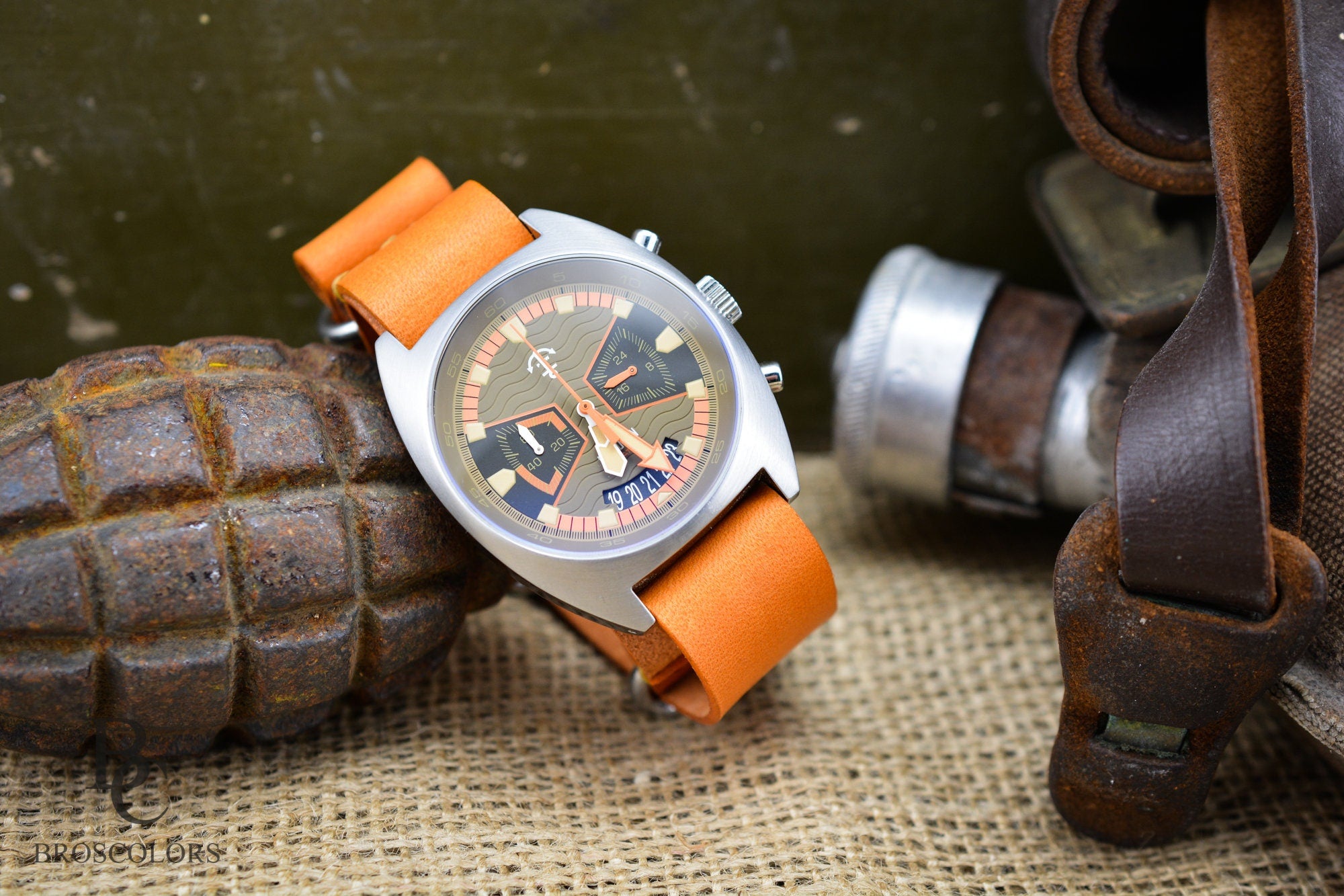 unique orange leather military watch strap. Army style leather watch strap