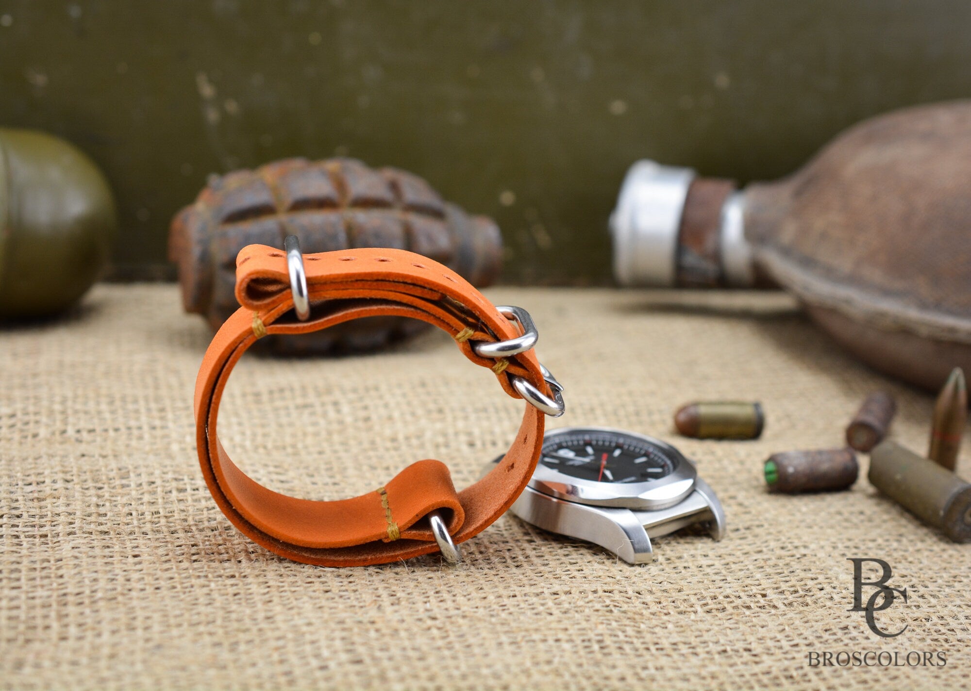 Orange Color Army Leather Watch Strap